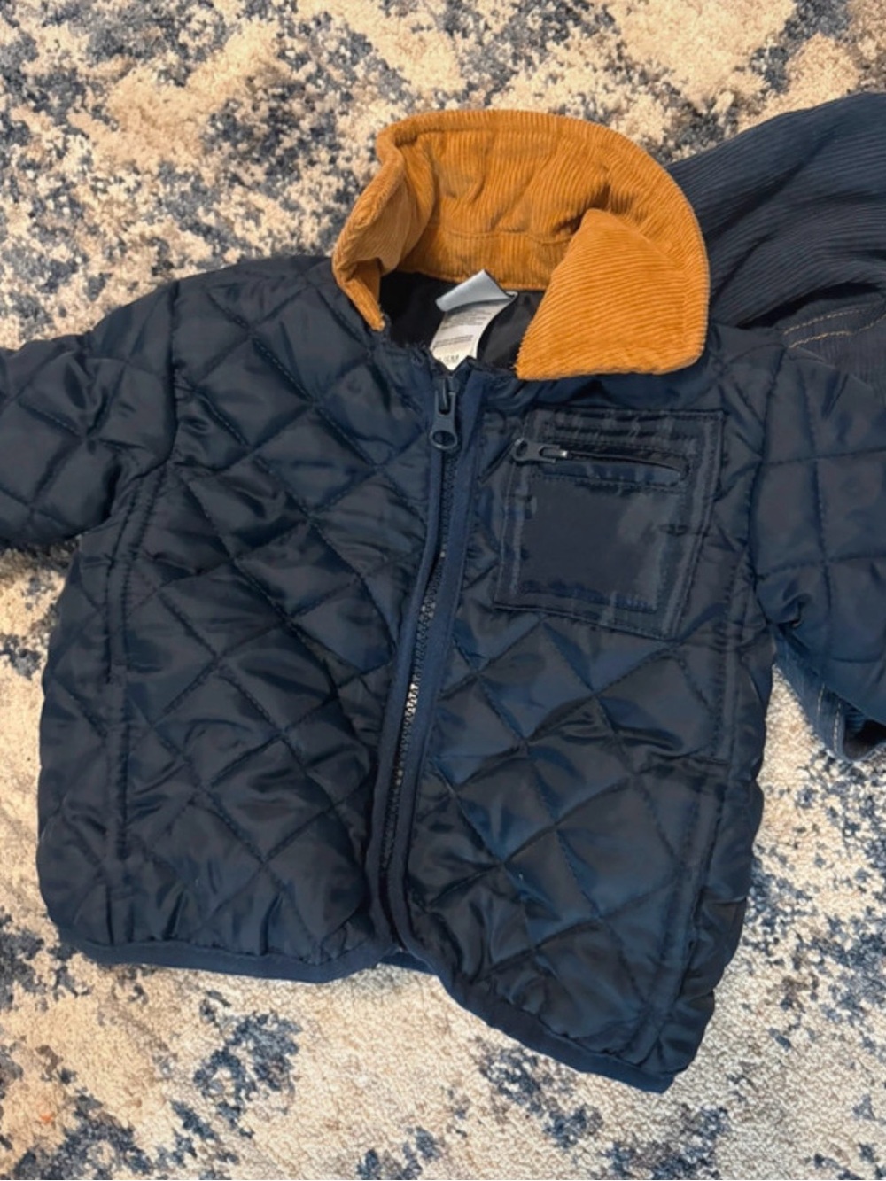 Kids Quilted Jacket with Corduroy Collar - Navy & Tan